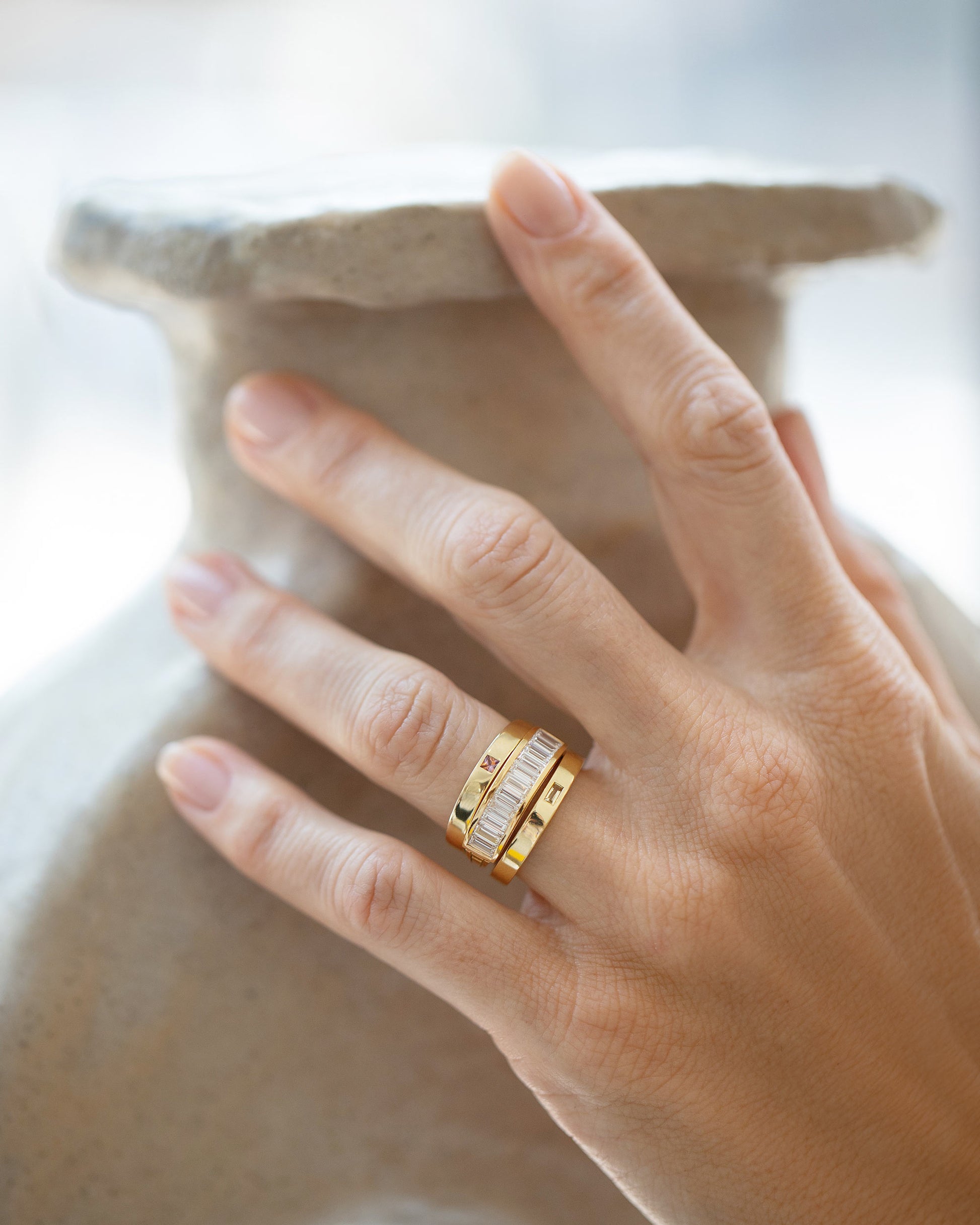 Gold Arcade Ring, Gold Bicolor Sapphire 3mm Square Cut Piet Band and Gold Yellow Beryl 3mm Baguette-Set Piet Band on model.