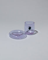 Detail view of the Ornamental by Lameice Lilac & Teal Eye Candy Espresso Set on light color background.