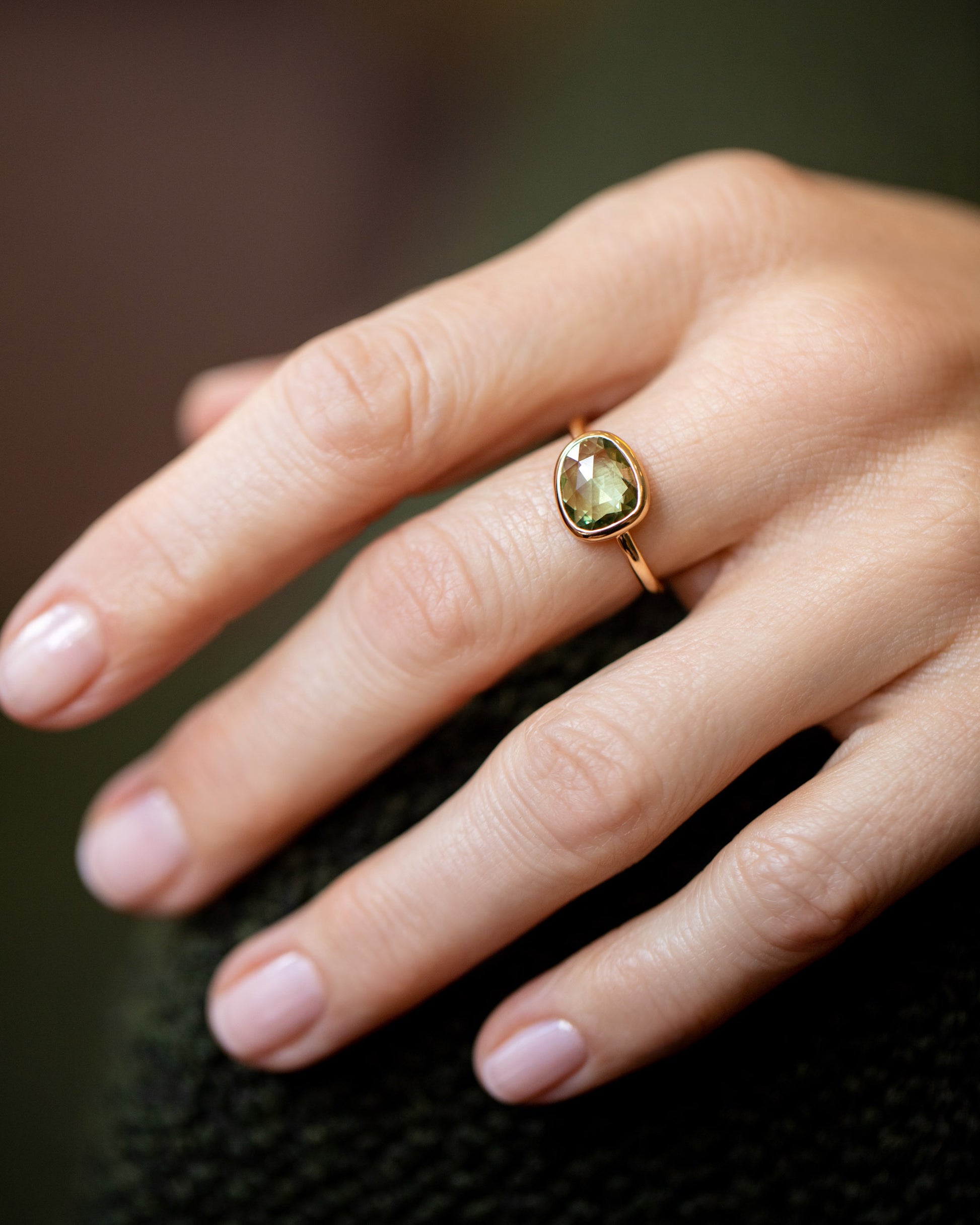 Gusher Green Sapphire Ring 004 on model.