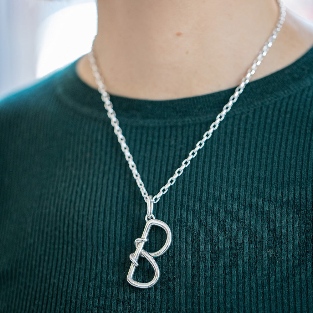 product_details::CRZM CRZM 3.2mm Sterling Silver Short Loop Chain Necklace on and CRZM Letter B Large Sterling Silver Letter Charms on model.