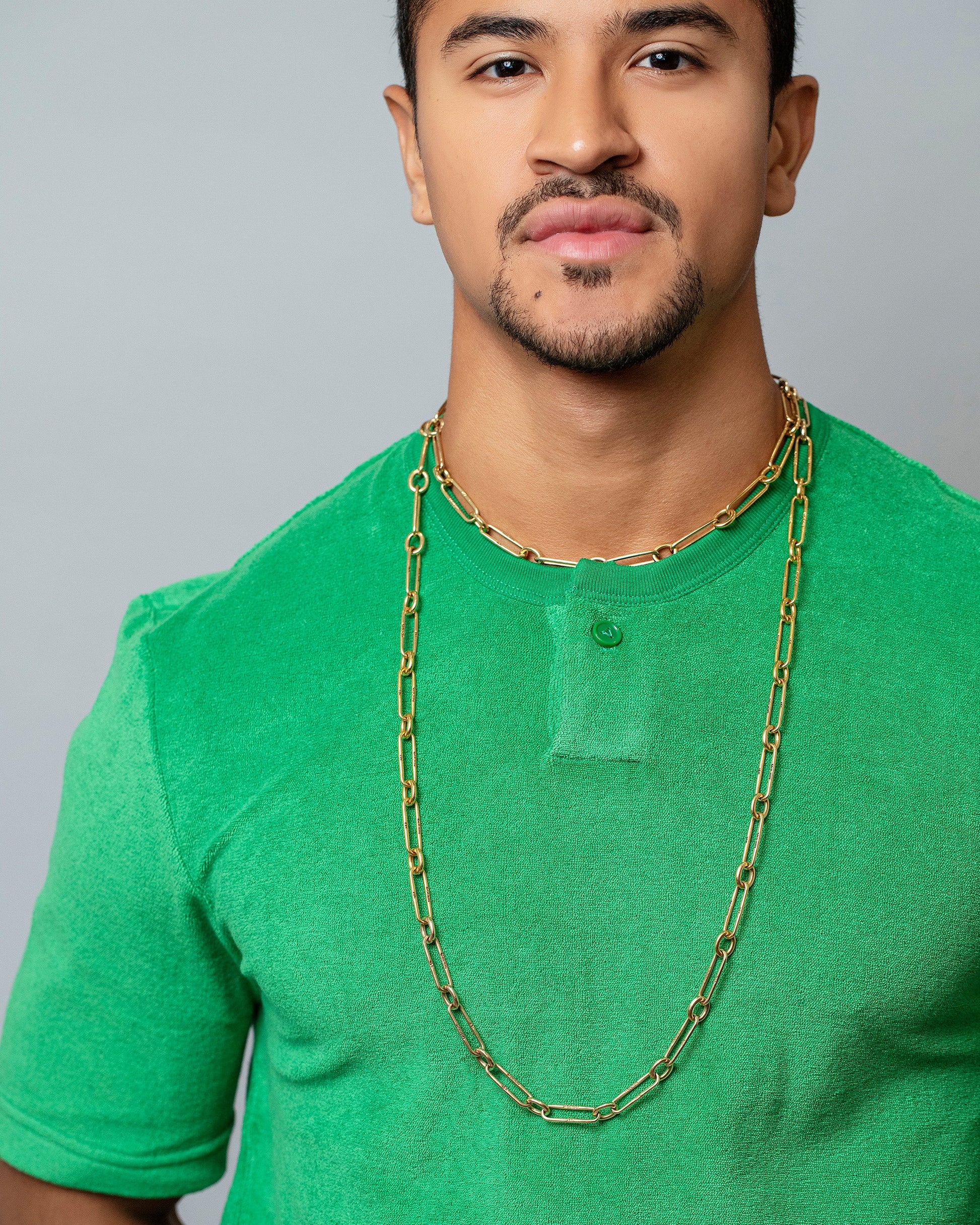 Customized 34" version of the Link Necklace on male model.