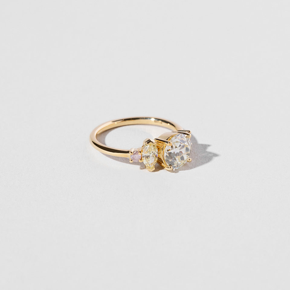 product_details::Closeup details of the Euthenia Ring on light color background.