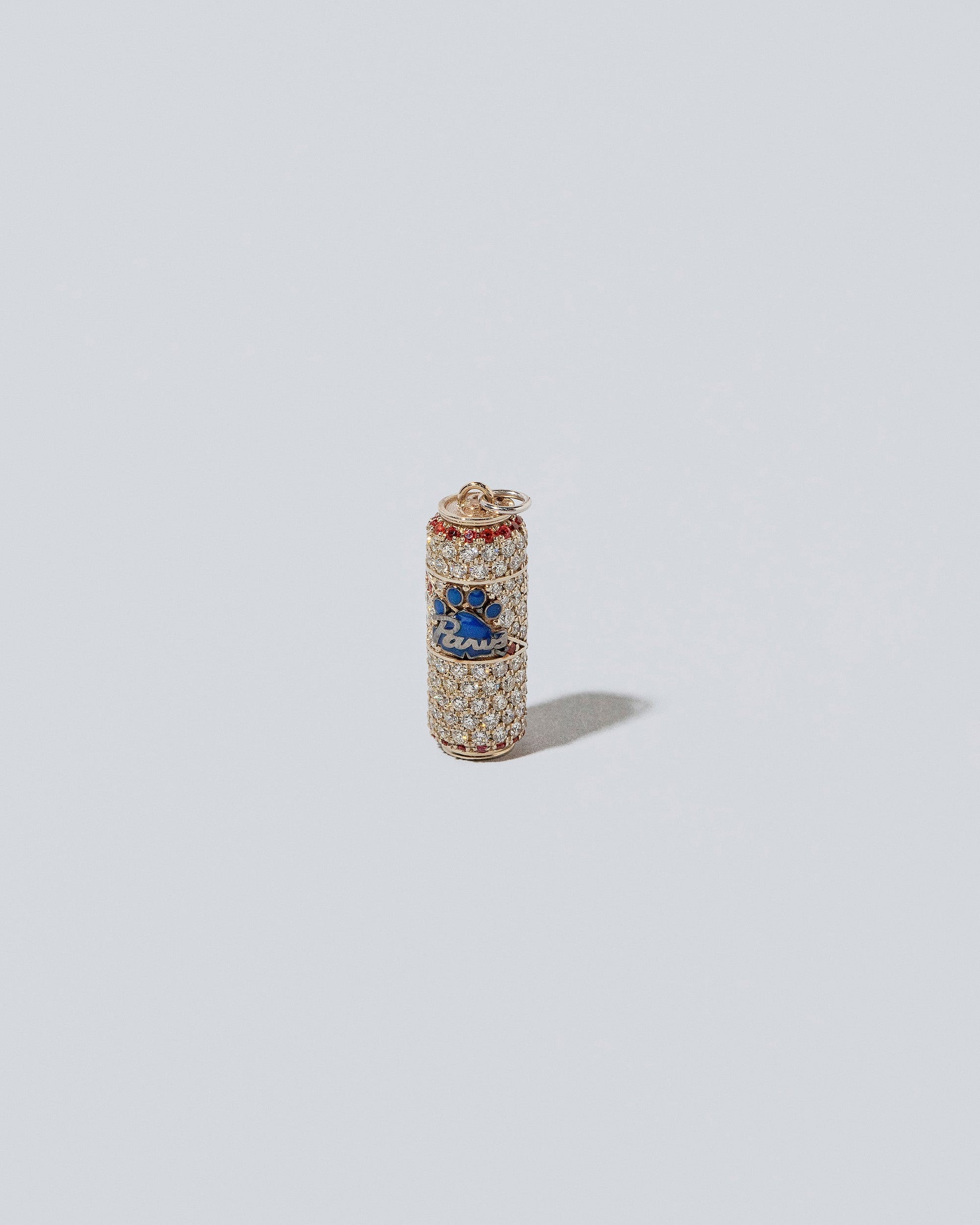 Aluminum Can Charm - Paws Blue Ribbons on light color background.